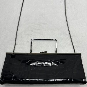 Black Faux Leather Croc Embossed Kisslock Purse Clutch Crossbody